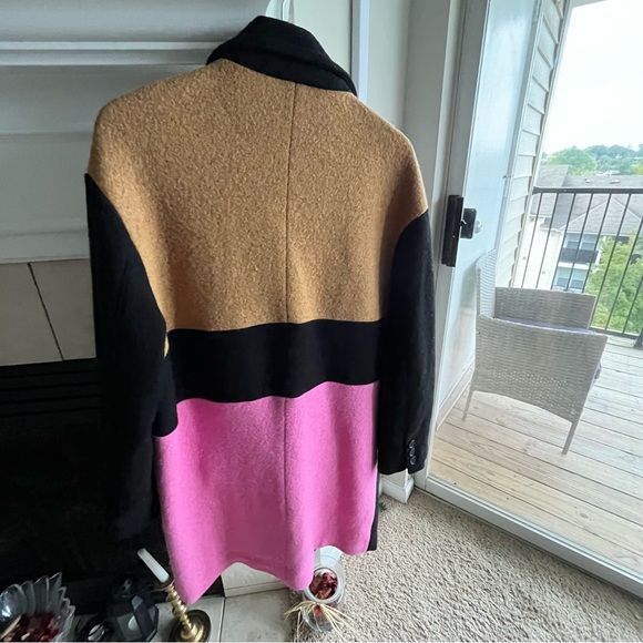 PETER SOM Coat size2 Colorblock Wool-Blend Midi Button Lined Black Pink Tan l-xl - Picture 6 of 13